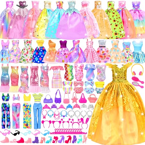 85 Pcs Doll Clothes and Accessories Kit, Include Princess Gowns, Fashion Skirts, Evening Dresseses, Tops, Pants, Bikini Swimsuits, Shoes, Crowns, Necklaces, Glasses in Gift Box for 11