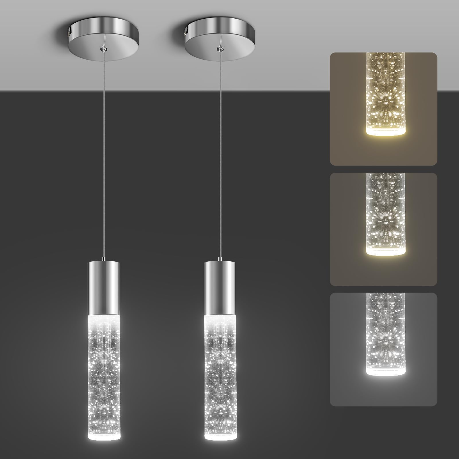 OKELI Pendant Light Fixtures, Dimmable Pendant Lights Kitchen Island, Bubble Crystal Chandeliers, Contains Light Sources for Bedroom Living Room Dining Room,3000-6000K,7W,9.8inch/24.8cm,2Pack