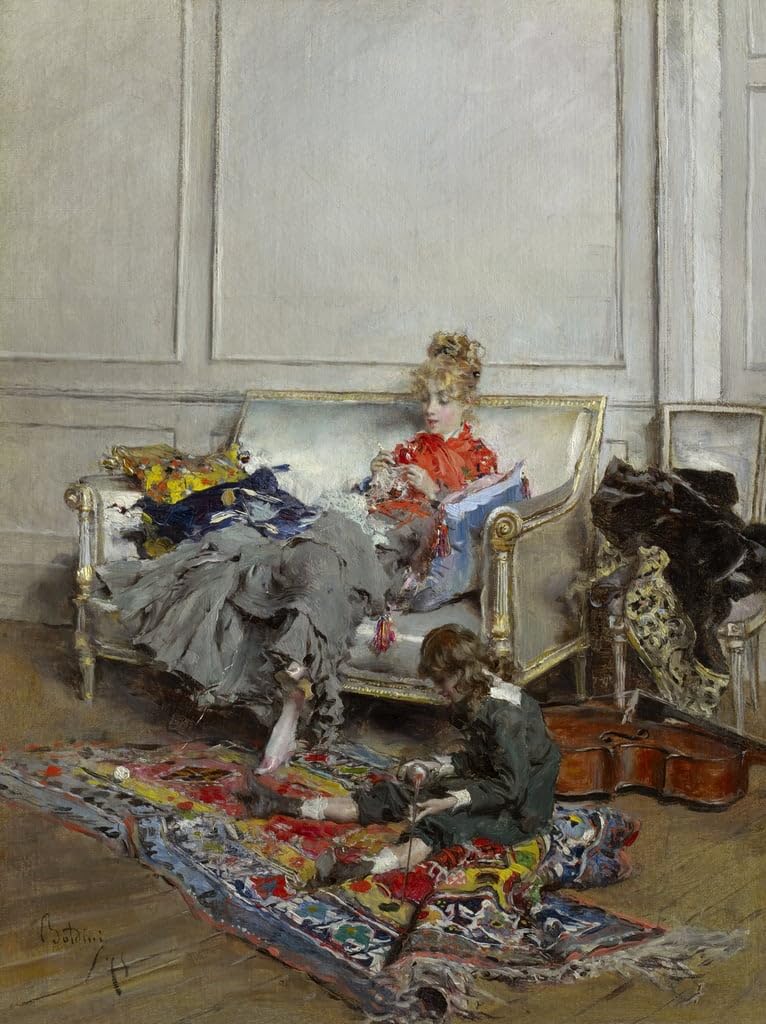 Pintura de lienzo vintage 60x90cm, cuadro decorativo de mujer tejiendo para hogar 5