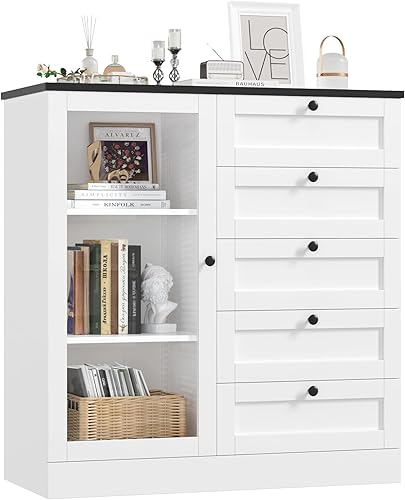 Miniatura 8 de HOSTACK Cómoda de 5 cajones con puerta, armario de almacenamiento blanco con cajones y estantes, cómoda ancha de madera, moderna cómoda organizadora