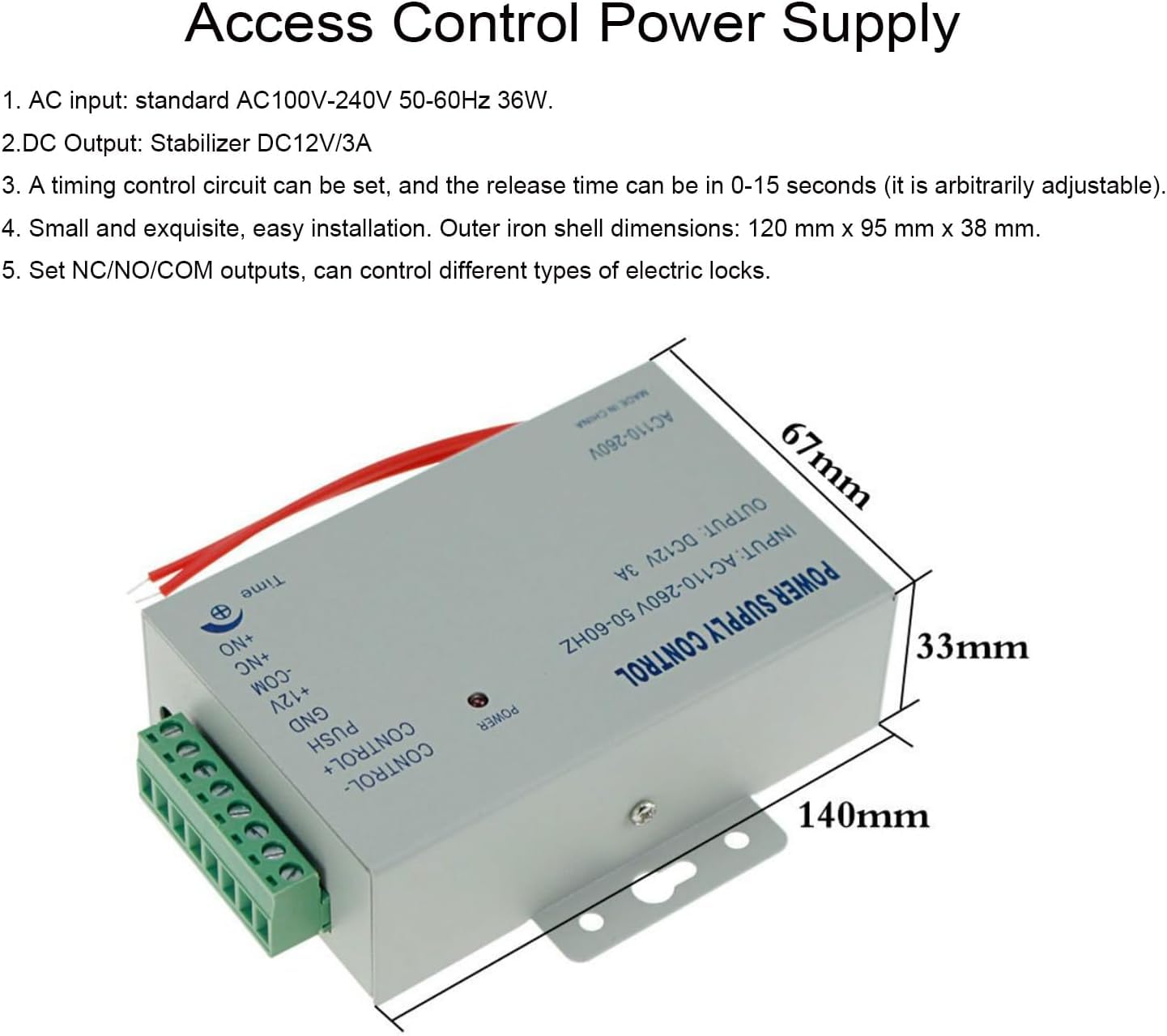 YAVIS Kit de Conjunto Completo de Teclado de Control de Acceso RFID 125KHz con DC12V Cerradura Eléctrica Cerradura de Perno Electrónico, 3A Fuente de Alimentación, Botón de Salida, 10pcs ID llaveros