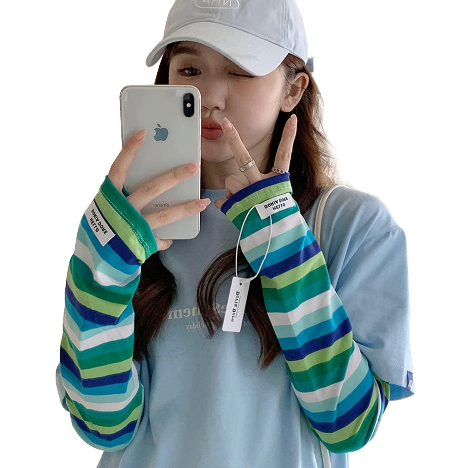 アームカバー レディース UVカット 夏 日焼け防止 アームスリーブ【UPF50+・紫外線対策・ゆったり・手の甲までカバー・】レディース UVカットアームカバー 日焼け止め UV腕カバー 日焼け対策 吸汗速乾 指穴あり ズレ防止 可愛い おしゃれ 蚊避け レディース メンズ 四季 男女兼用 (ボーダー2)