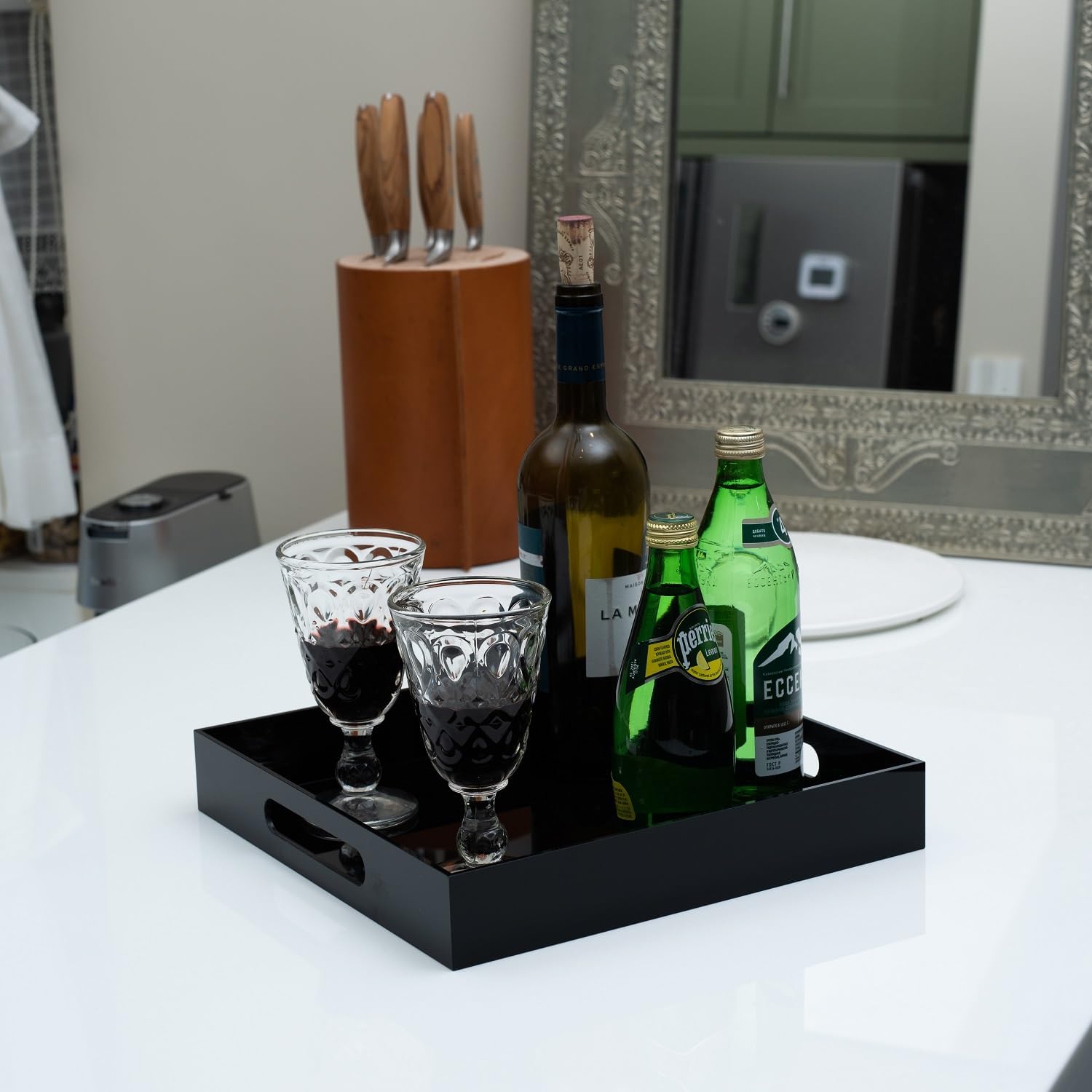 Glossy Black Acrylic Serving Tray with Handles 12x12 Inch -Spill Proof- Decorative Trays Countertop Organizer for Ottoman,Nightstand, Sidetable, Butler (12X12 Inch, Black) - Image 2