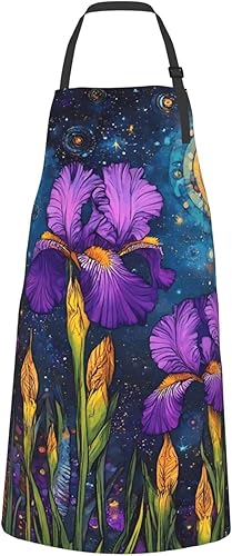 Miniatura 2 de Cosmic Purple Irises Print Kitchen Cooking Apron, Adjustable Waterproof Apron With Pockets, Unisex