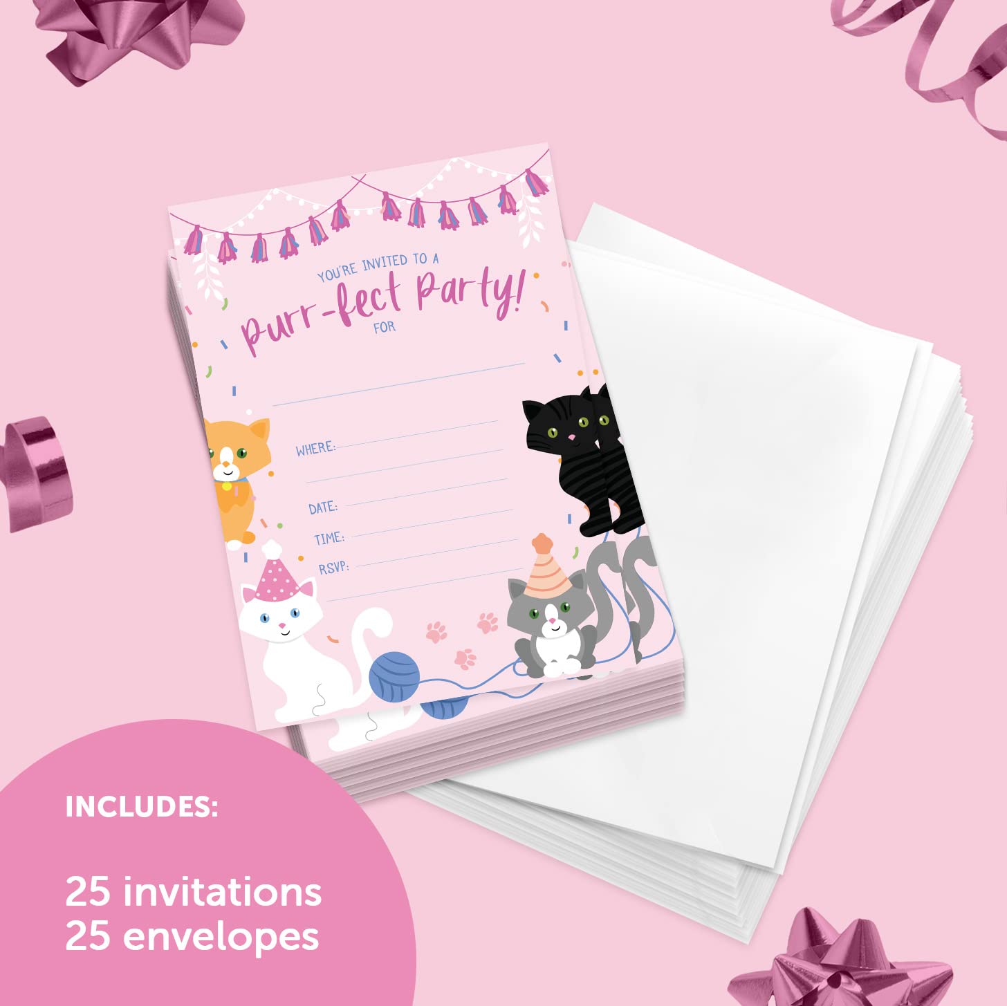 Desert Cactus Cat Kitten Kitty Happy Birthday Invitations Invite Cards (25 Count) With Envelopes Boys Girls Kids Party (25ct)