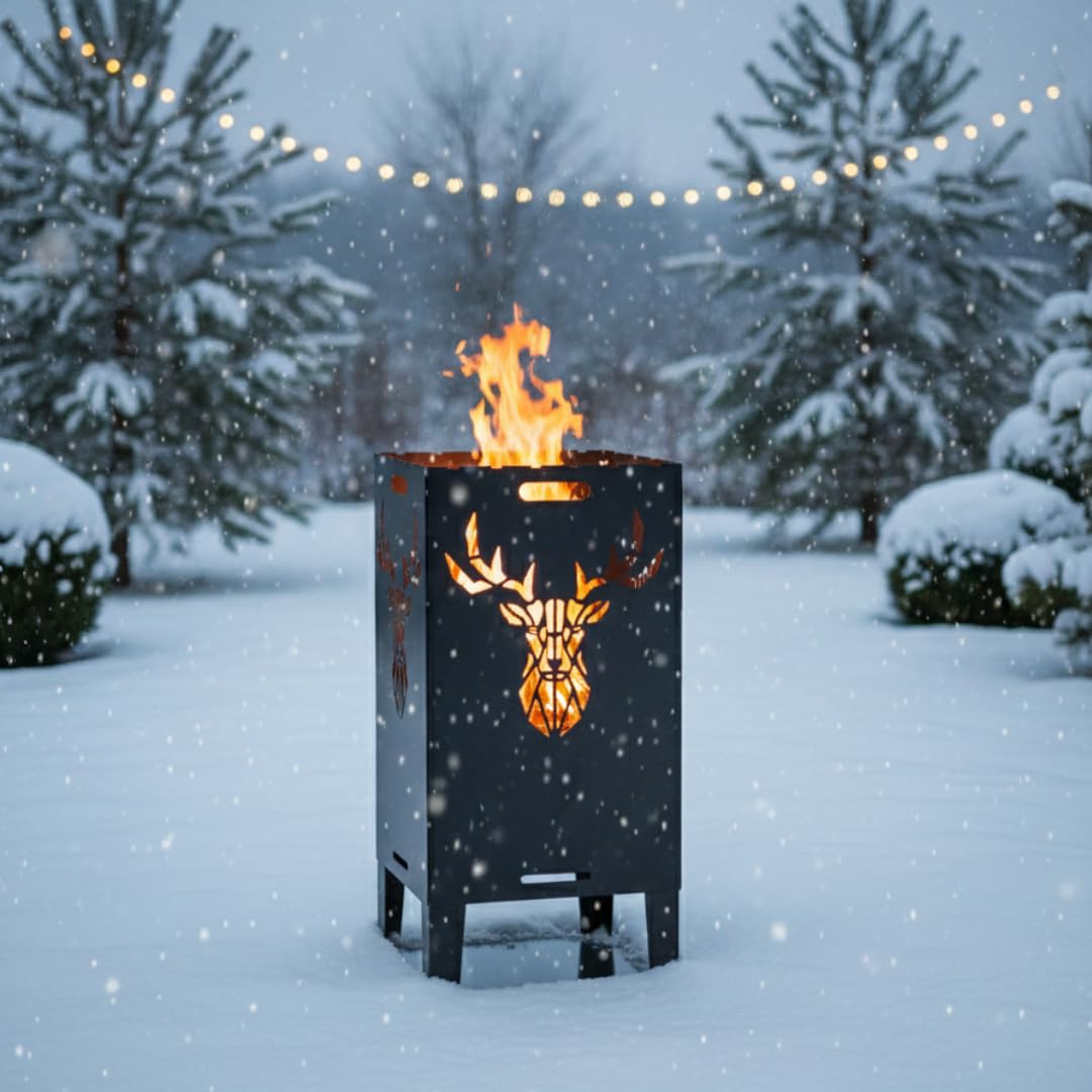 Feuertonne Hirsch & Löwe - Massive Feuerkorb Feuerschale aus Stahl Outdoor Firepit mit Motiv Stabil, Wetterfest, Perfekt für Garten, Terrasse Funkenflugschutz Cut-Out Design (50cm Hirsch)