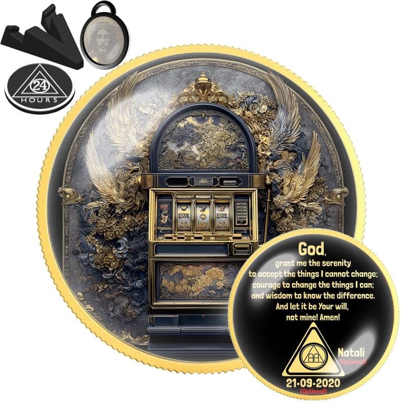 Slot Machine Sobriety Coin | Personalized AA NA Recovery Token | Custom Name Sobriety Date | Gold or Silver | Sobriety Chip Gift (Gold)