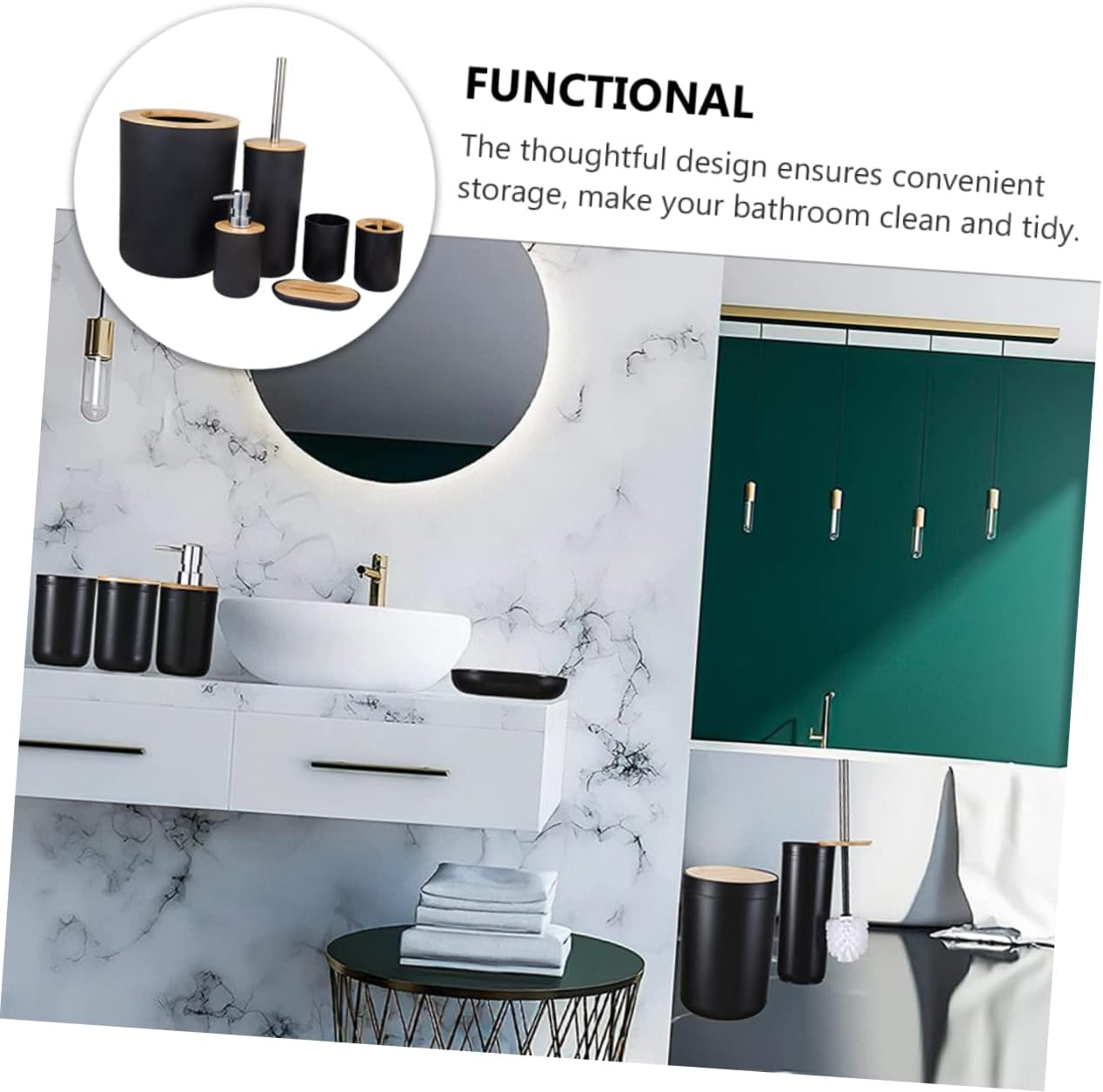 6-Piece Bamboo Bathroom Accessory Set Trash Can Toothbrush Holder Soap Dispenser and Lotion Bottle Bathroom Necessities