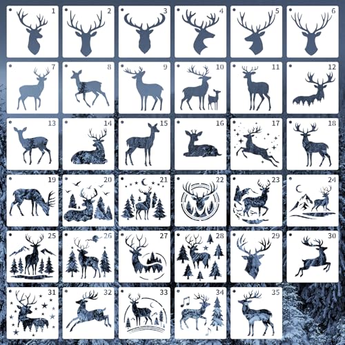 35 Pcs Deer Stencils for Painting, Pine Tree Stencil Deer Head Antlers Stencils for Crafts Reusable Art Stencil for Wood Burning DIY Craft Wall Fabric Rock Chalkboard School Art Scrapbook Projects