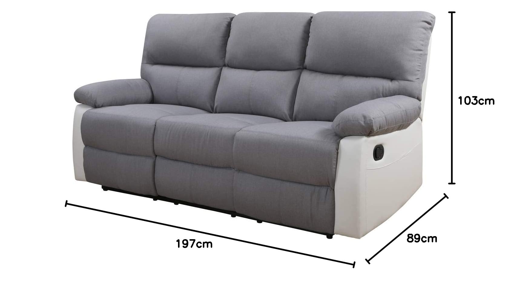 Habitat et Jardin - Canapé Relax en Simili et Tissu Lincoln 3 Places Blanc et Gris Clair - Fauteuil Relax Design Moderne - Canapé Inclinable Résistant et Confortable