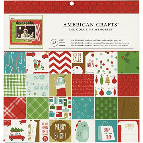 Holiday Patterned Paper Pad by American Crafts | 12 x 12-inch pad | 48 sheets of medium-weight paper in various single-sided holiday patterns