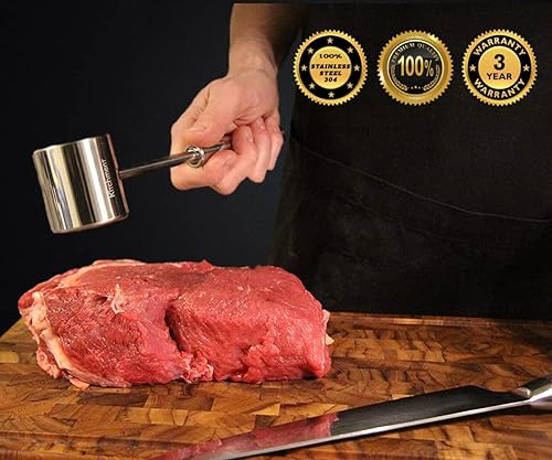 Vista 6 de Herramienta profesional para ablandar carne, martillo de carne de acero inoxidable 100% apto para lavavajillas, perfecto para carne y pollo a