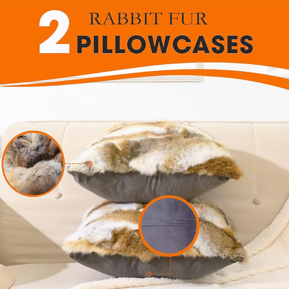 Natural Fur Decorative Throw Pillow Covers Soft Fluffy Animal Skin Accent Cushion Cover for Couch Sofa Farmhouse Pillowcase for Home Decor Brown White Real Rabbit Fur 18x18 - Image 3