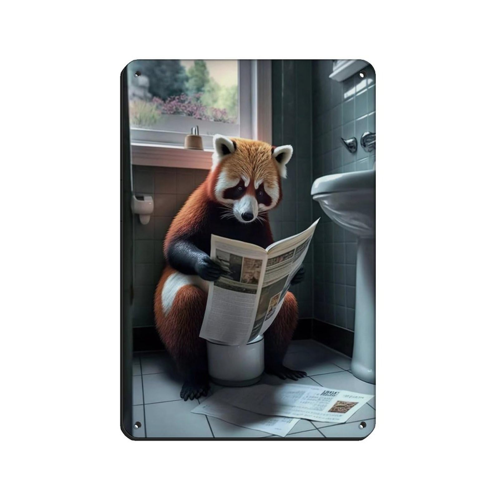 Red Panda Sitting on The Toilet Reading A Newspaper Retro Poster Metal Tin Sign Chic Art Retro Iron Painting Bar People Cave Cafe Family Garage Poster Wall Decoration 8x12inch(20x30cm)