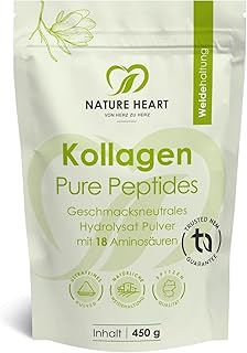 Nature Heart Kollagen Pure Peptides Pulver 450g – hydrolysiertes Kollagen Typ I aus Weidehaltung – geschmacksneutral, löslich mit über 91% Protein