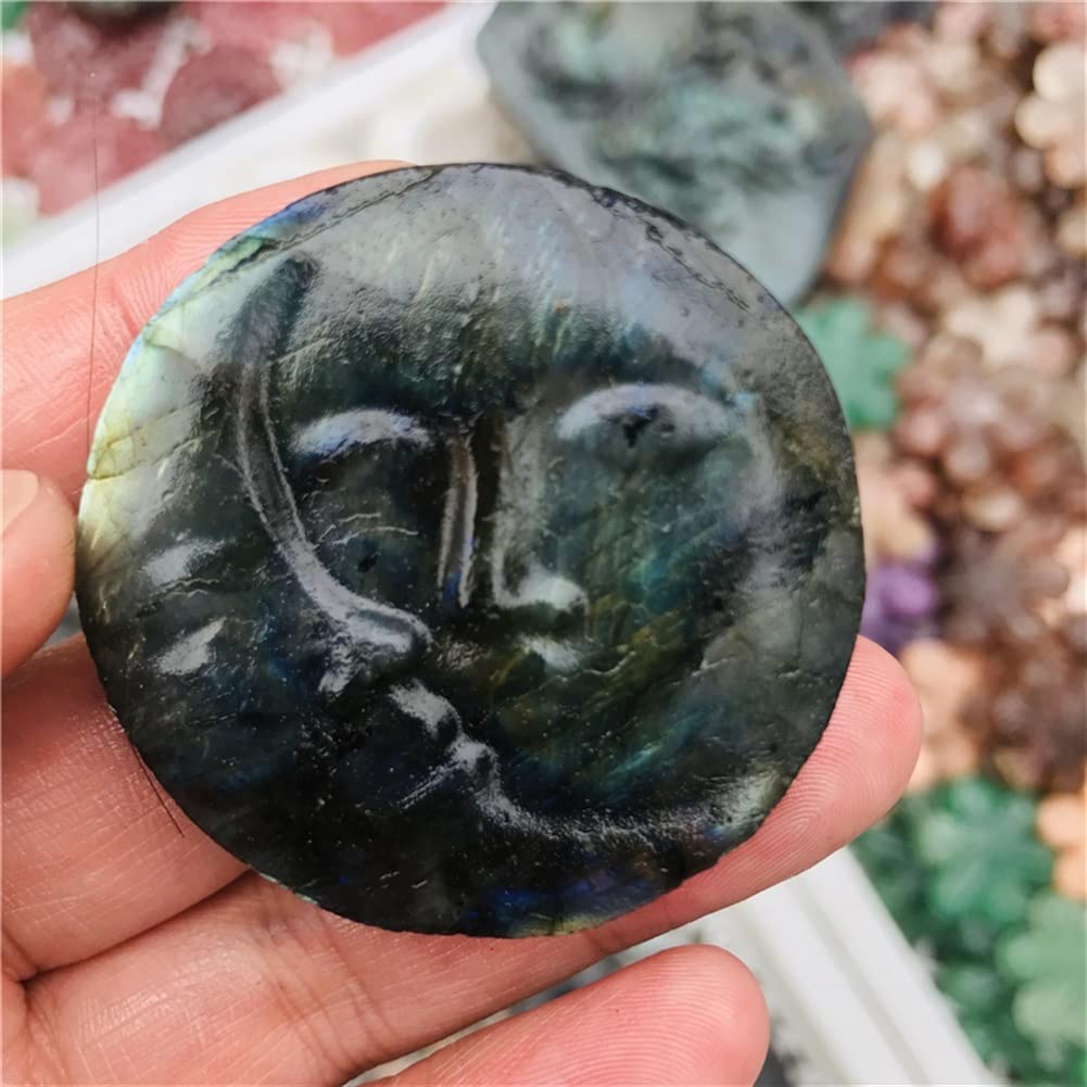 Rohkristall 5cm Natürliche Blaue Glitter Labradorite Heilung Kristall Edelstein Pendel Hand Geschnitzte Sonne und Mond Gesicht Handwerk