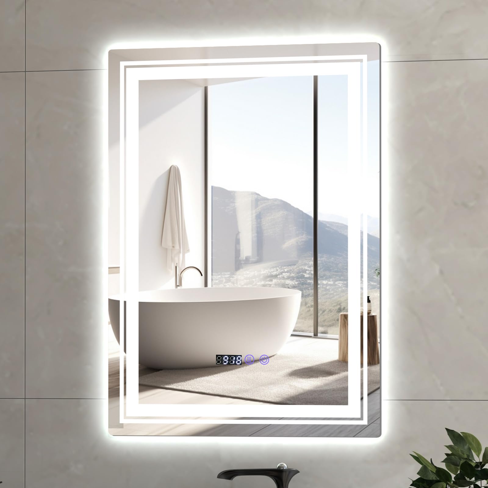 LIFEZEAL Espejo LED de Pared, 70 x 50cm, Espejo Rectangular de baño Regulable con 3 temperaturas de Color, indicación de Hora y Temperatura, Espejo antivaho Iluminado con Control táctil Inteligente