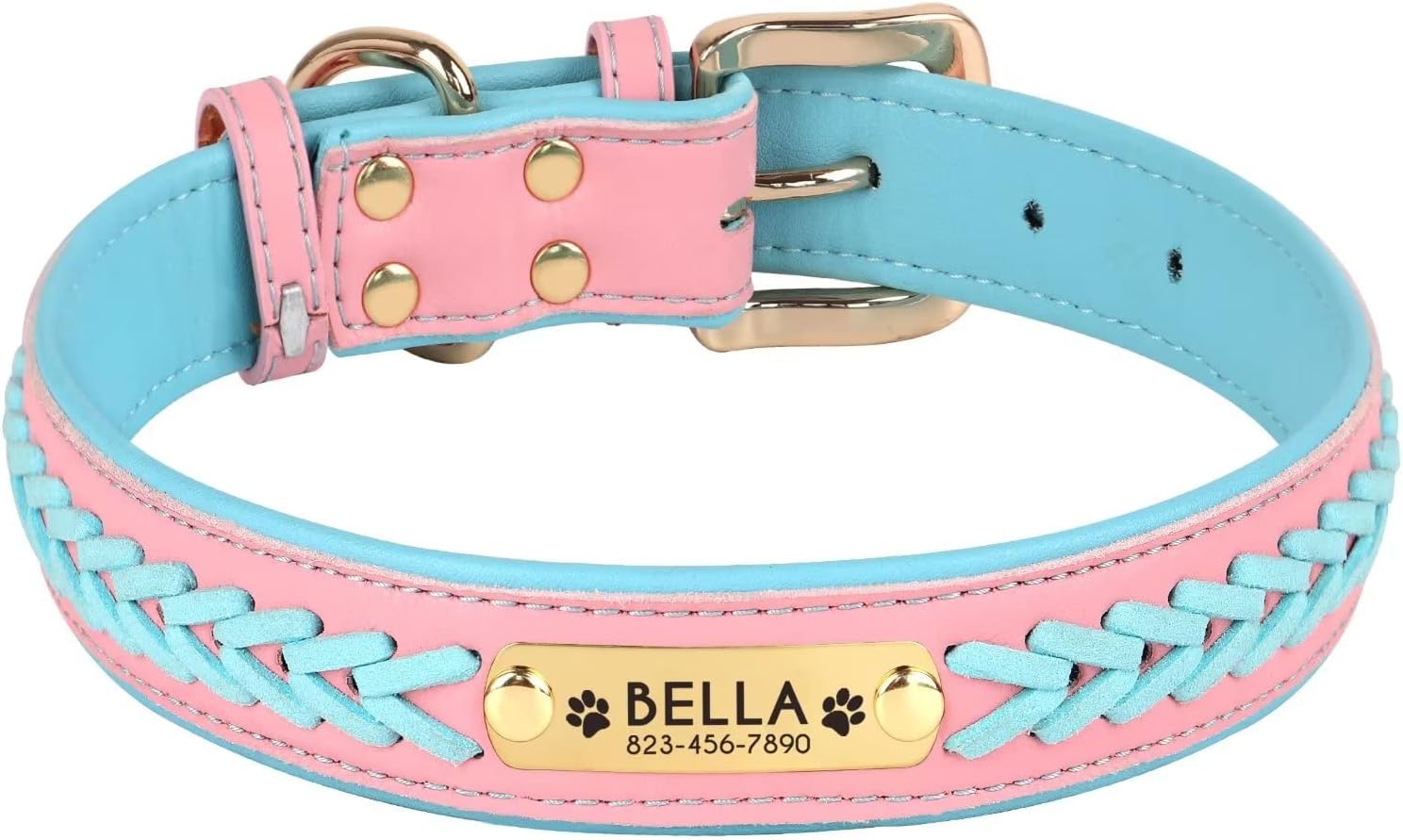 Forestpaw Leather Dog Collars with Engraved Nameplate, Braided Pet Collars,Durable Customized Collars for Small Medium Large Dogs,Blue-Paw M