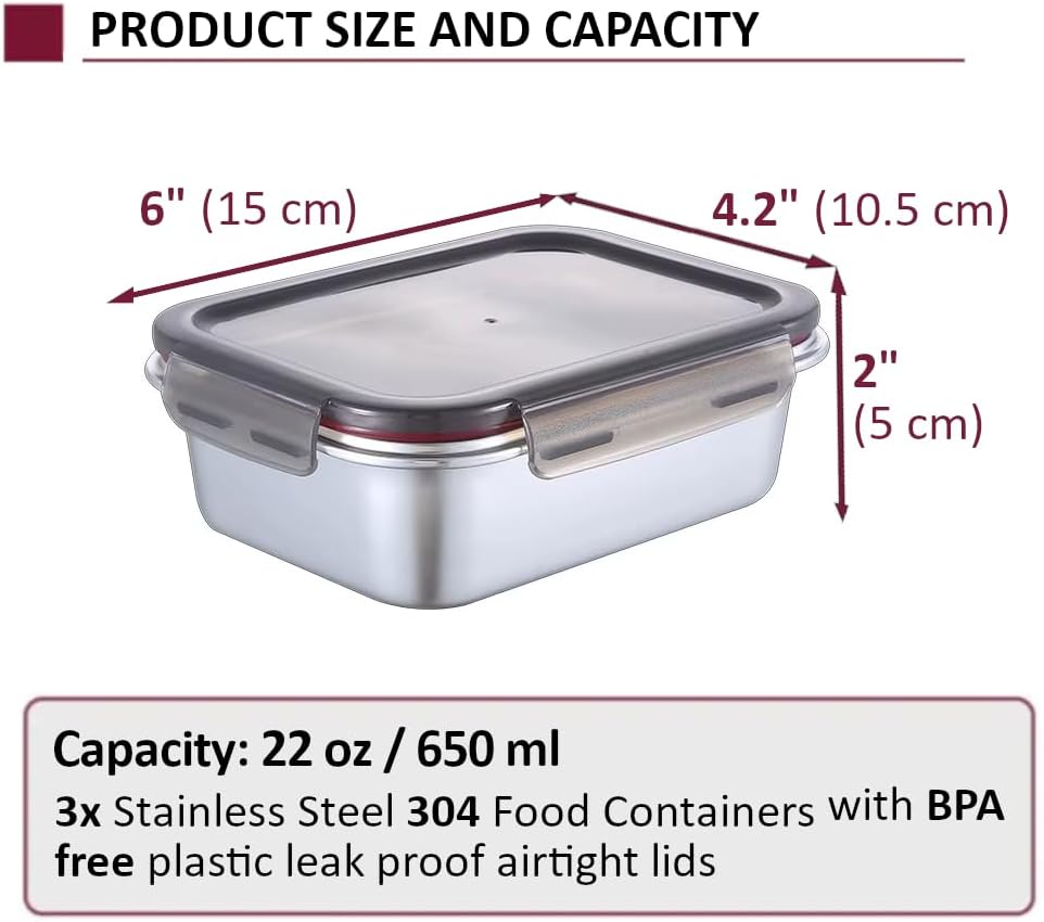Stainless Steel Food Containers with Lids, Meal Prep Containers Reusable Freezer Storage Containers Lunch Containers Home Improvement Lunch Box Containers, Home Storage Kitchen Storage (22oz / 650ml) - Image 3