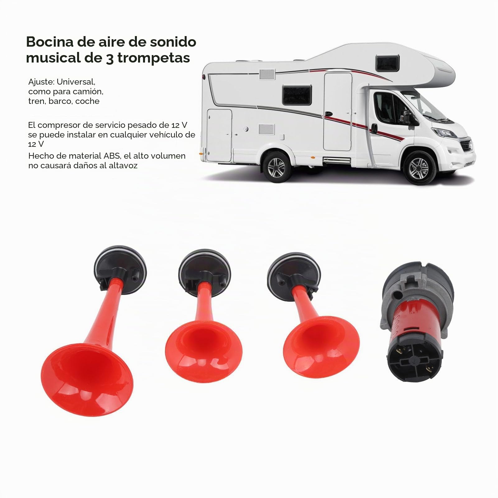 Aramox Claxon La Cucaracha Juego de Bocinas de Aire Musicales, 12V 15A 3 Bocinas de Aire Musicales de Trompeta, Bocina de Aire de Coche Súper Fuerte de 125db con Compresor para Camión Tren Barco