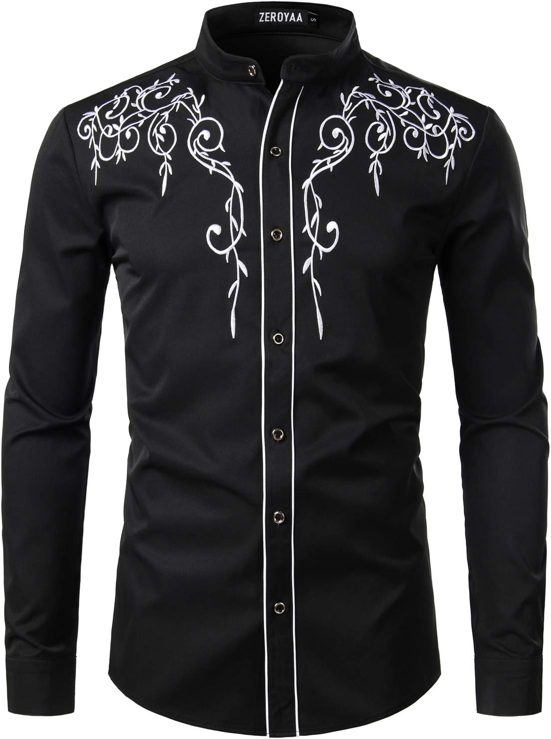ZEROYAA Men's Western Stylish Band Collar Dress Shirts Embroidery Slim Fit Long Sleeve Mandarin Collar Shirt