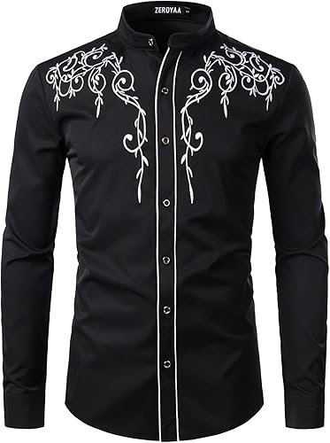 ZEROYAA Camisas de vestir de manga larga con bordado floral para hombre