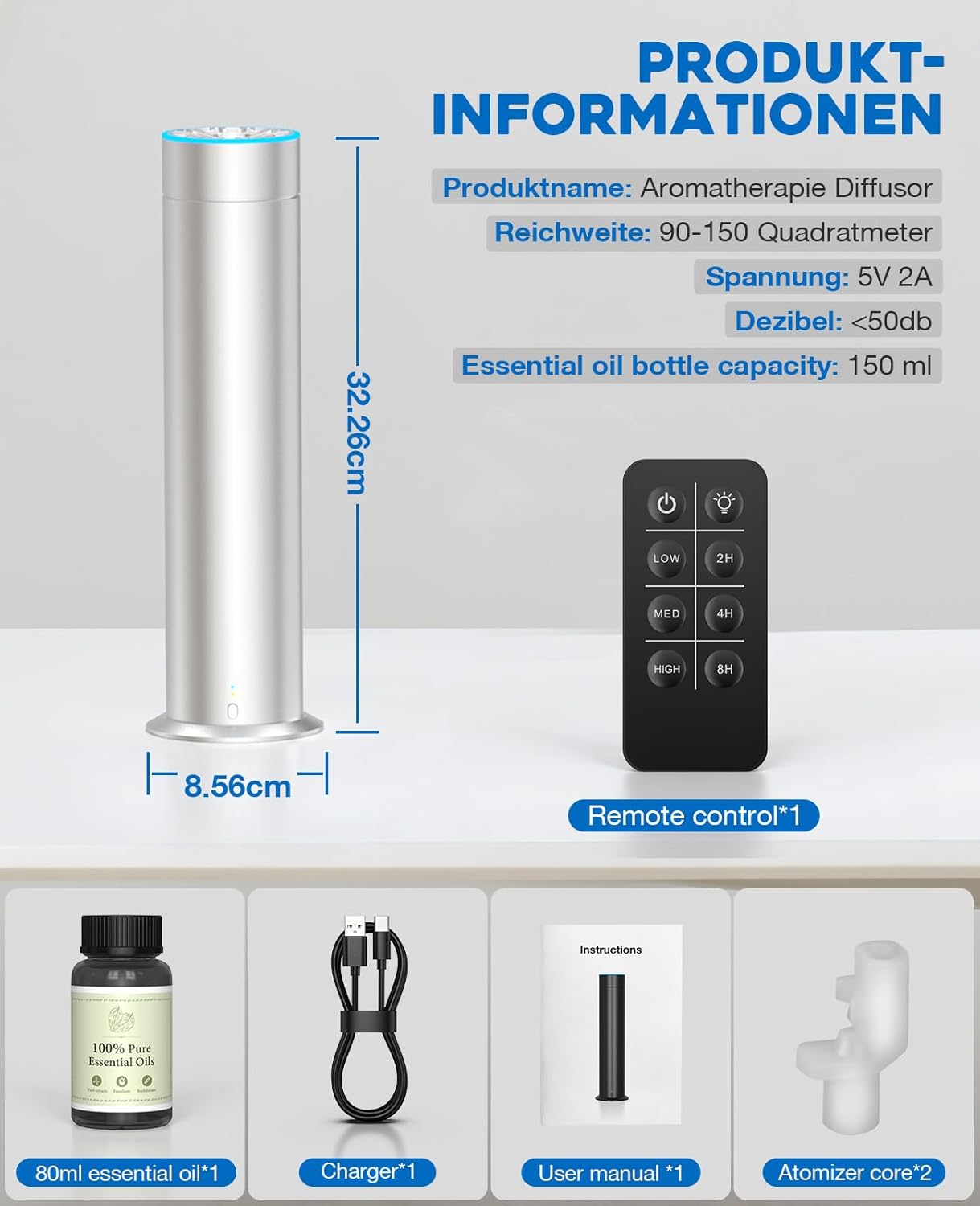 Waterless Scent Diffuser Starter Kit: 1200 Sq Ft Coverage Rechargeable Waterless Diffuser with LED Light & Remote & App - Waterless Essential Oil Diffuser for Home Hotel Silver
