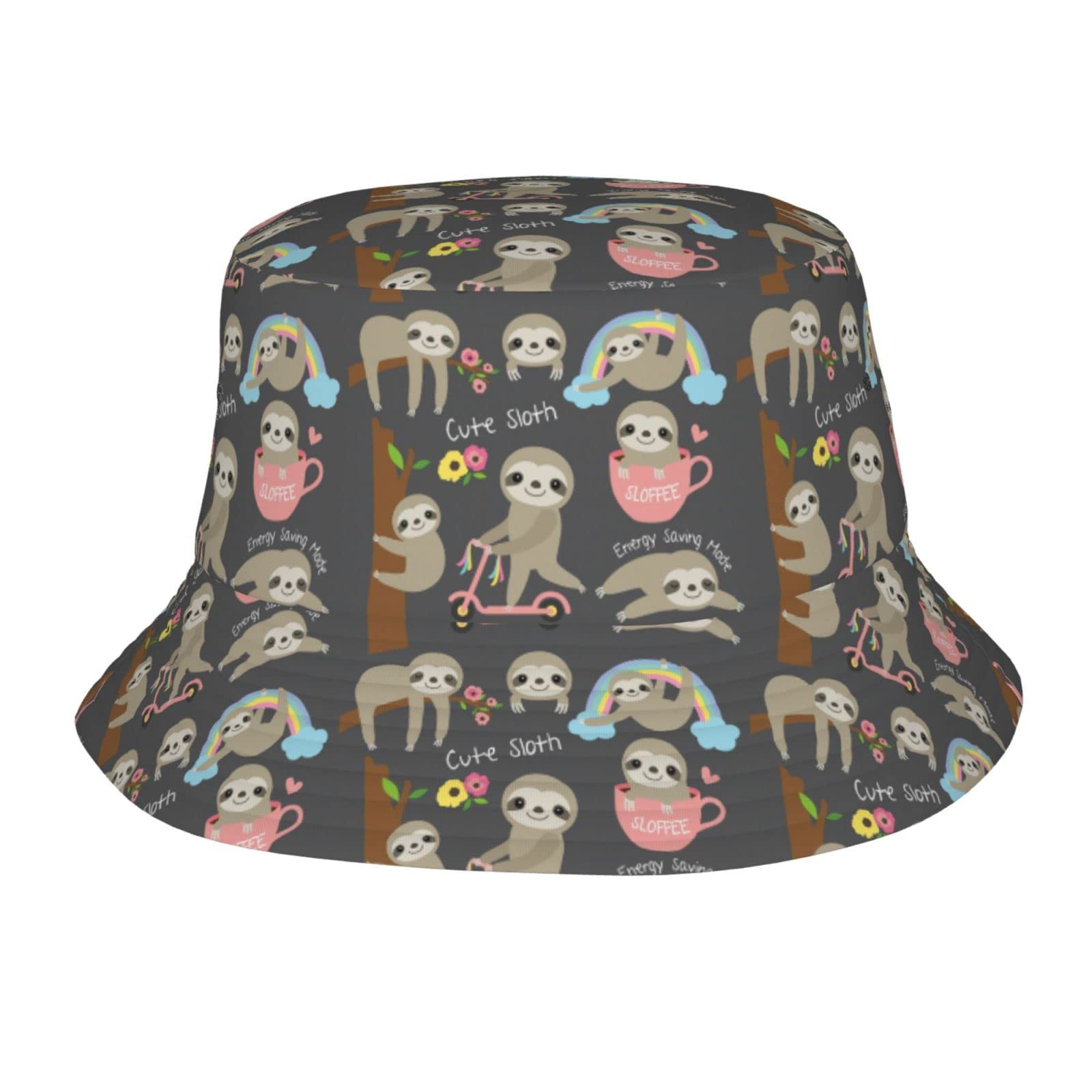 Cute Sloth Pattern Bucket Hat Fisherman Hats Wide Brim Packable Outdoor Summer Travel Beach Cap for Women Men Black