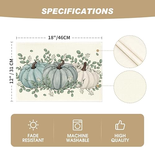 Miniatura 5 de Artoid Mode Juego de 4 manteles individuales de otoño con hojas de eucalipto y calabazas, 12 x 18 pulgadas, manteles individuales de otoño para