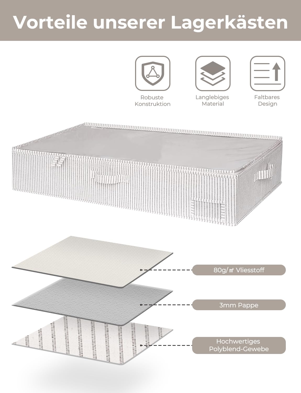 StorageWorks Scatole di archiviazione sotto il letto con coperchio, grandi contenitori per organizzare coperte e biancheria, organizzatori rigidi per abiti sotto il letto, a righe grigie e bianche