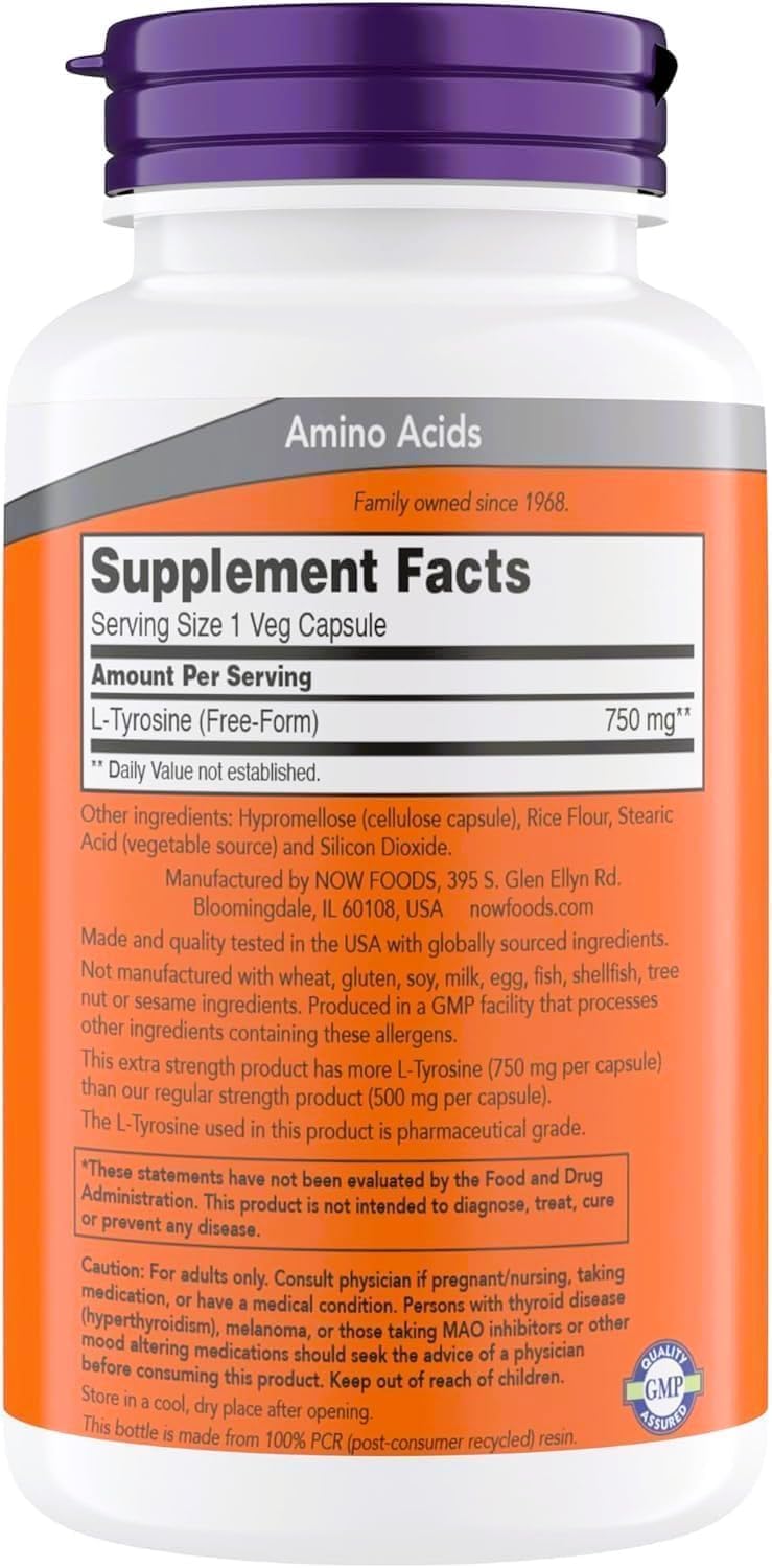 NOW Foods Supplements, L-Tyrosine 750 mg, Supports Mental Alertness*, Neurotransmitter Support*, 180 Veg Capsules (Pack of 2)