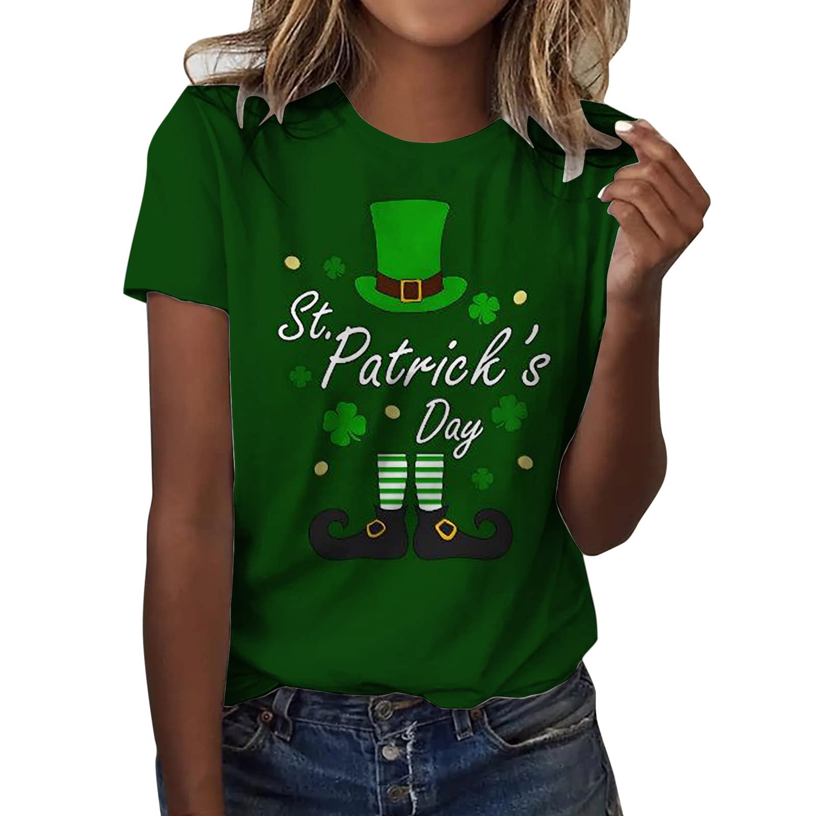 St Patrick's Day T-Shirt Women's Leprechaun Costume Clover T-Shirts Summer Causal Personalized Lightweight Short Sleeve Lucky Shamrock Lucky Green Tops Funny Paddy's Day Tops Ireland Clover Tshirt
