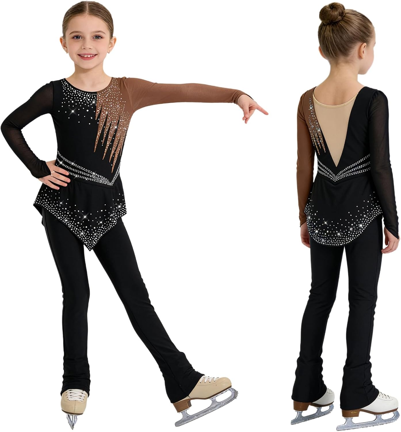 FEESHOW Kids Girls Figure Ice Skating Jumpsuit with Skirt Long Sleeve Shiny Rhinestones Color Block Gymnastics Ballet Leotard