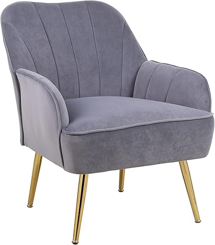 Miniatura 7 de Goujxcy Silla moderna de acento y esquina, silla de lectura tapizada de terciopelo, sala de estar o dormitorio (gris)