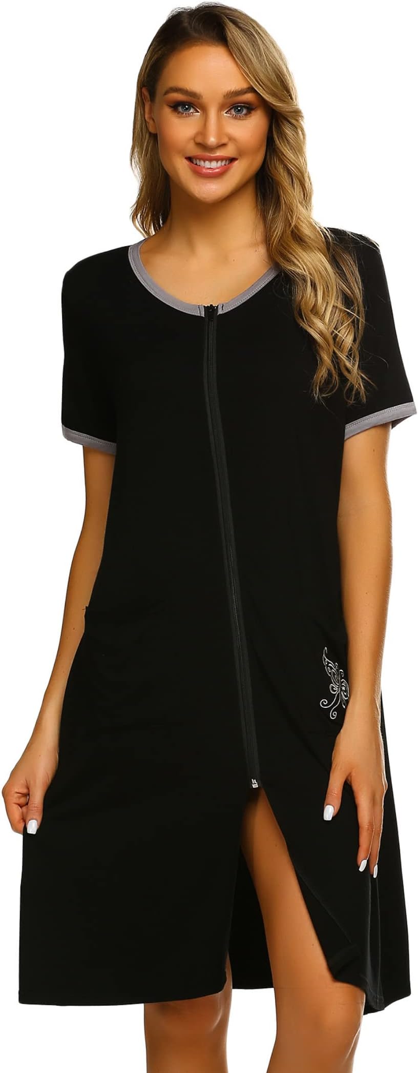 EkouaerZip Up Robes for Women Short Sleeves Zipper House Coat Short Bathrobes Lightweight Nightgown with Pockets S-3XL