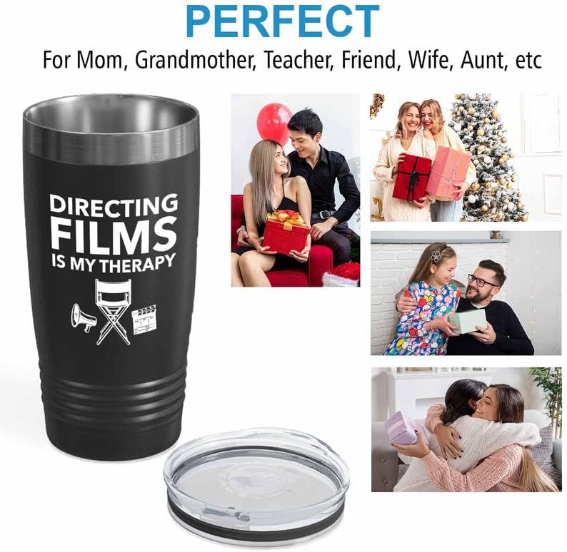 Filmmaker Black Tumbler 20oz - Directing films is my therapy - Filmmaker Gifts Camera Lens Cut Prop Director Movie Film Scriptwriter