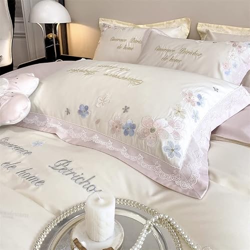 Leige Egyptian Cotton Flowers Embroidery Girl Bedding Set Cherry Blossoms Quilt Cover Set Bed Linen Pillow Shams (Color : A, Size : King 220X240Cm 4Pcs) #TOP2