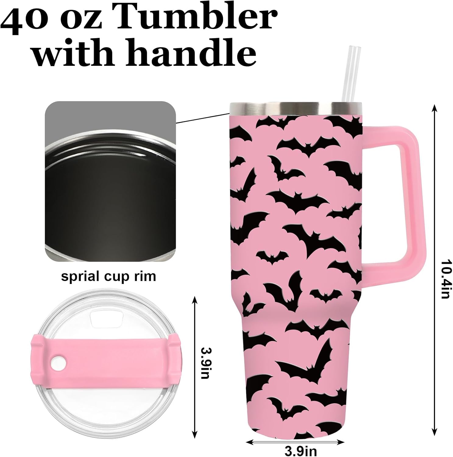 JarThenaAMCS Halloween Tumbler with Lid and Straw 40oz Pink Black Bat Tumbler with Handle Spooky Stainless Steel Cup for Home Office Travel - Image 2