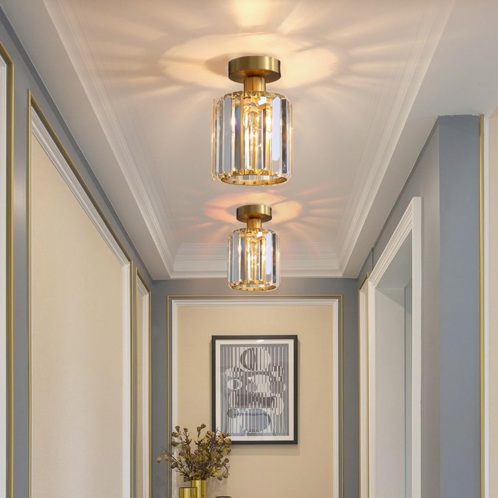 Mini kryształowa oprawa sufitowa, mosiężne lampy sufitowe do montażu półpodtynkowego, gniazdo E27 Nowoczesna złota lampa sufitowa do przedpokoju Kuchnia Sypialnia Salon Przedpokój Szafa Foyer