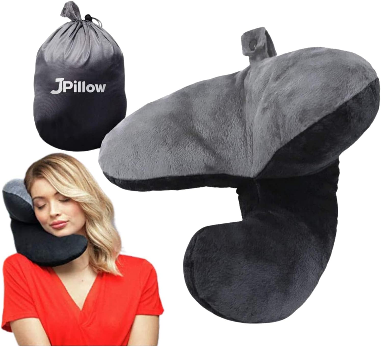 J-Pillow (Black and Grey) - Chin Supporting Travel Pillow - 2020 Version - British Invention of The Year Winner - Supports Your Head, Neck & Chin (Black)