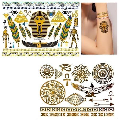 2 fogli di tatuaggio egiziano tatuaggio oro metallizzato tatuaggio finto tatuaggio VT369 330b