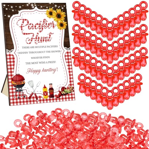 Image of Thyle 51 Pcs BBQ Themed Baby Shower Game BBQ Pacifier Hunt Sign and 50 Acrylic Pacifiers for Baby Shower Decorations Gender Reveal Table Centerpiece Pregnancy Party Supplies