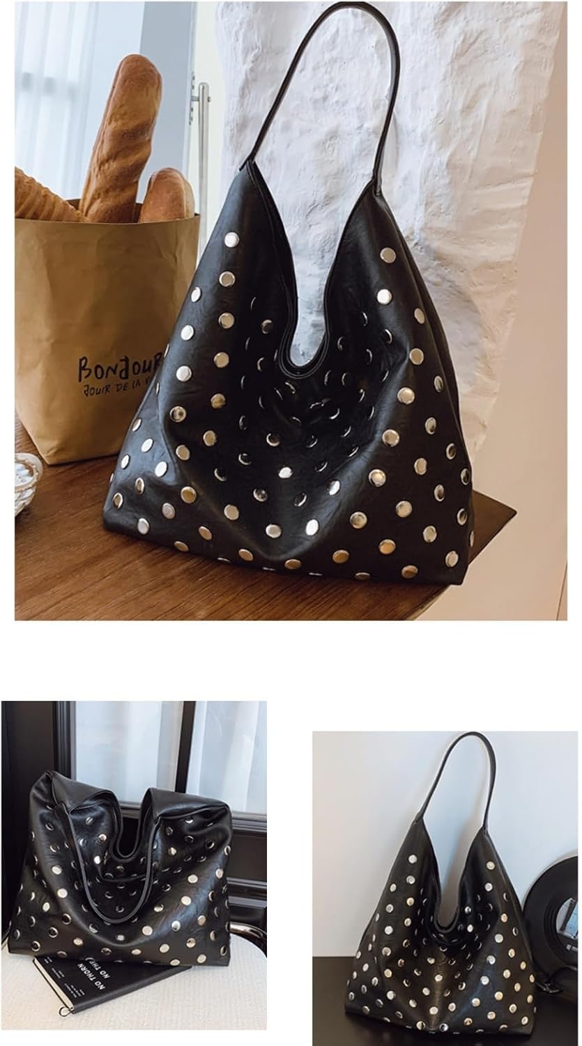 Women’s Studded Hobo Bag Soft Vegan Leather Slouchy Shoulder Tote Y2K Punk Rivet Handbag