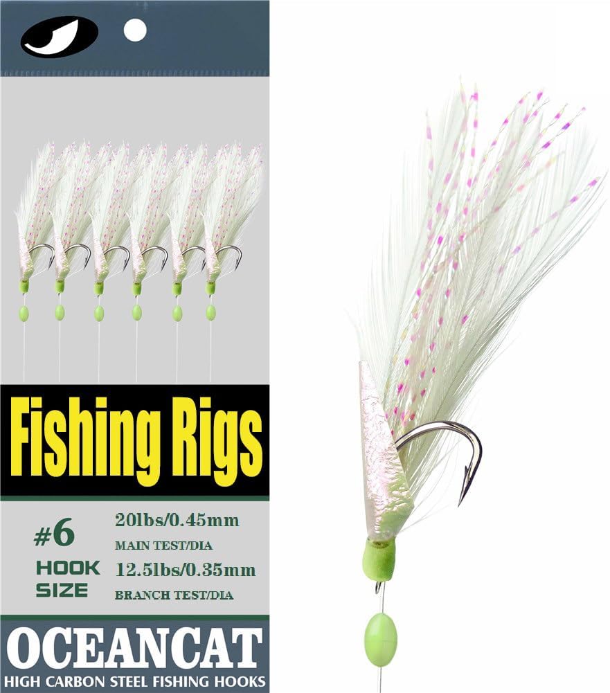 OCEAN CAT 10 Packs Feather Fish Skin 6 Hooks Fishing Rigs with String Hooks Glow Fishing Beads High Carbon Hooks for Freshwater Saltwater Fishing Lures Bait Rig Tackle