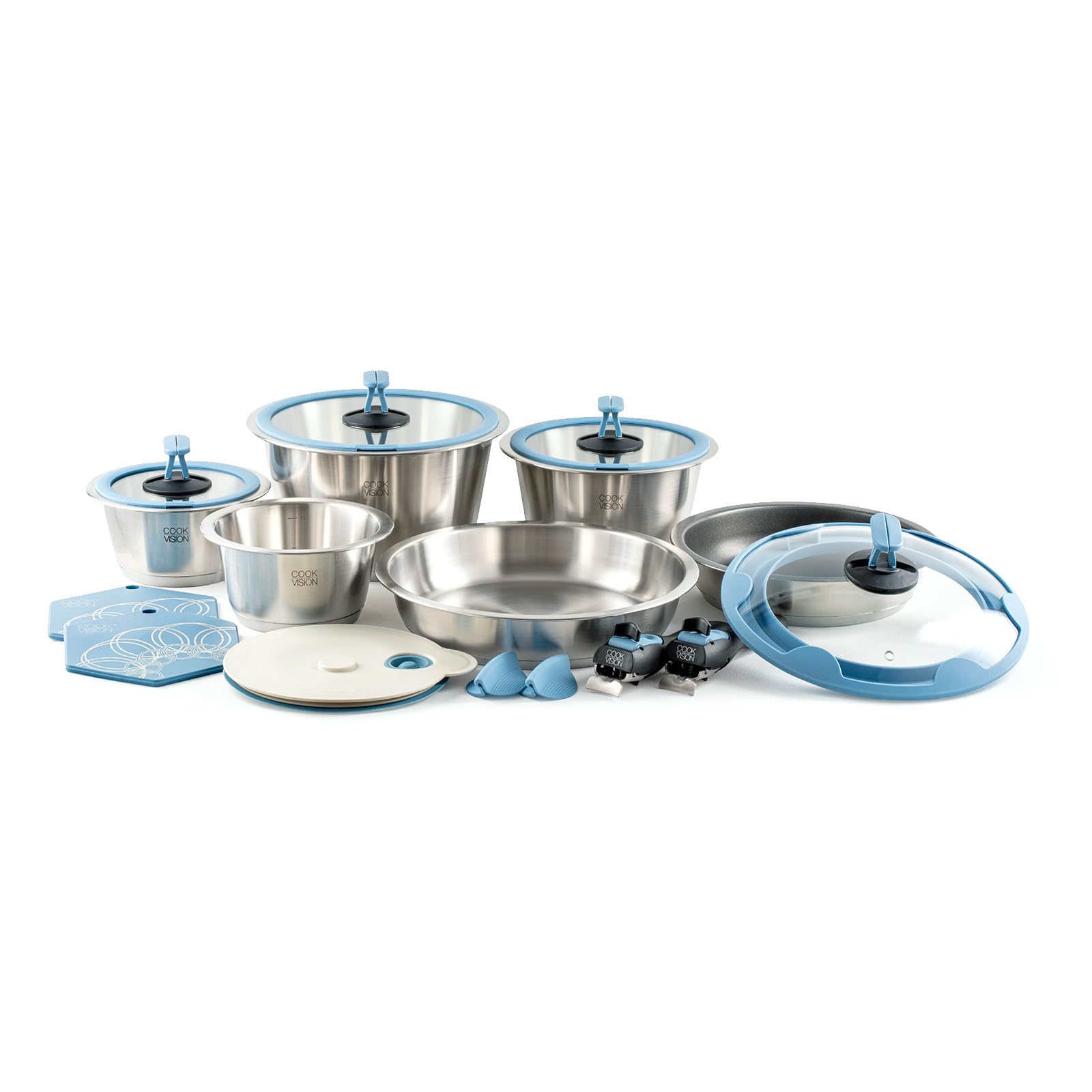 Set di pentole per famiglia, 17 pezzi, 4 pentole in acciaio inox per tutti i piani cottura, 3 coperchi in vetro, 2 padelle, 2 manici, salvaspazio, accessori innovativi (blu)
