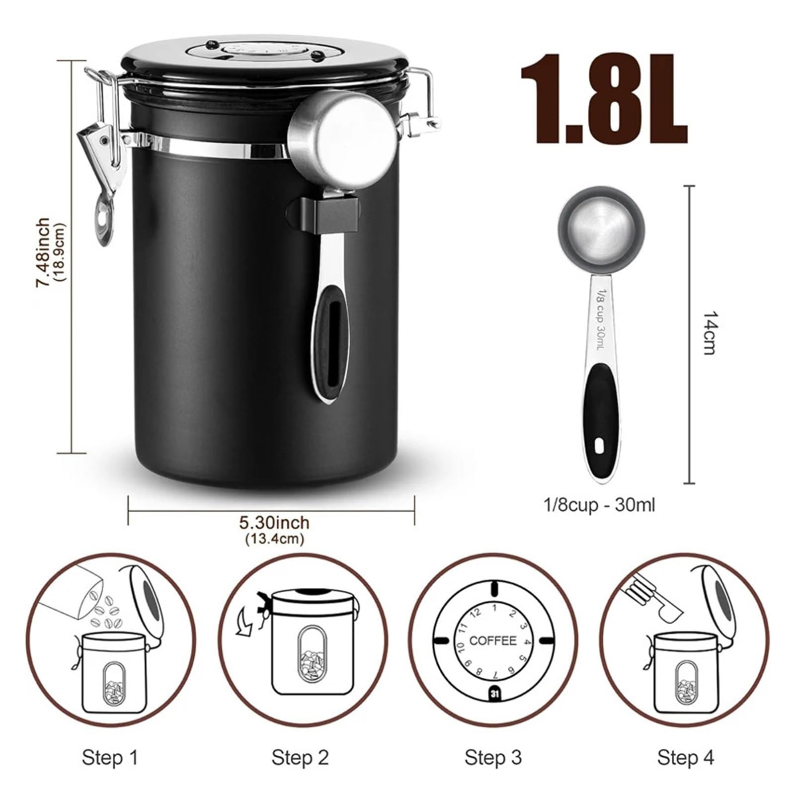 Genérico Bote de café hermético 1800ML con cuchara, contenedor almacenamiento granos acero inoxidable, cocina(Silver)