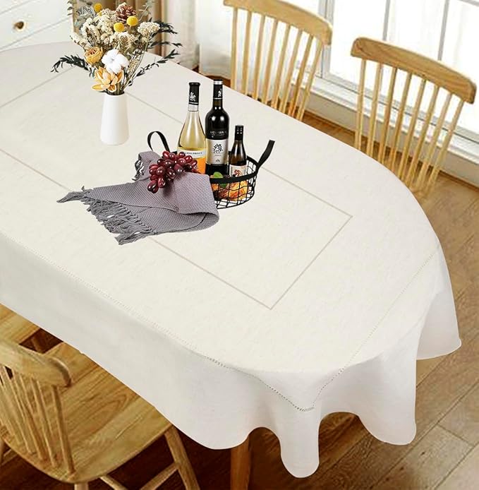 Oval Tablecloth with Hollow for Oval Table, 60x84 Inch Farmhouse Table Covers for Kitchen Dining Party, Wrinkle Free Anti-Fading Tabletop Decoration,White Linen Oval Dining Table Tablecloth (60X84)