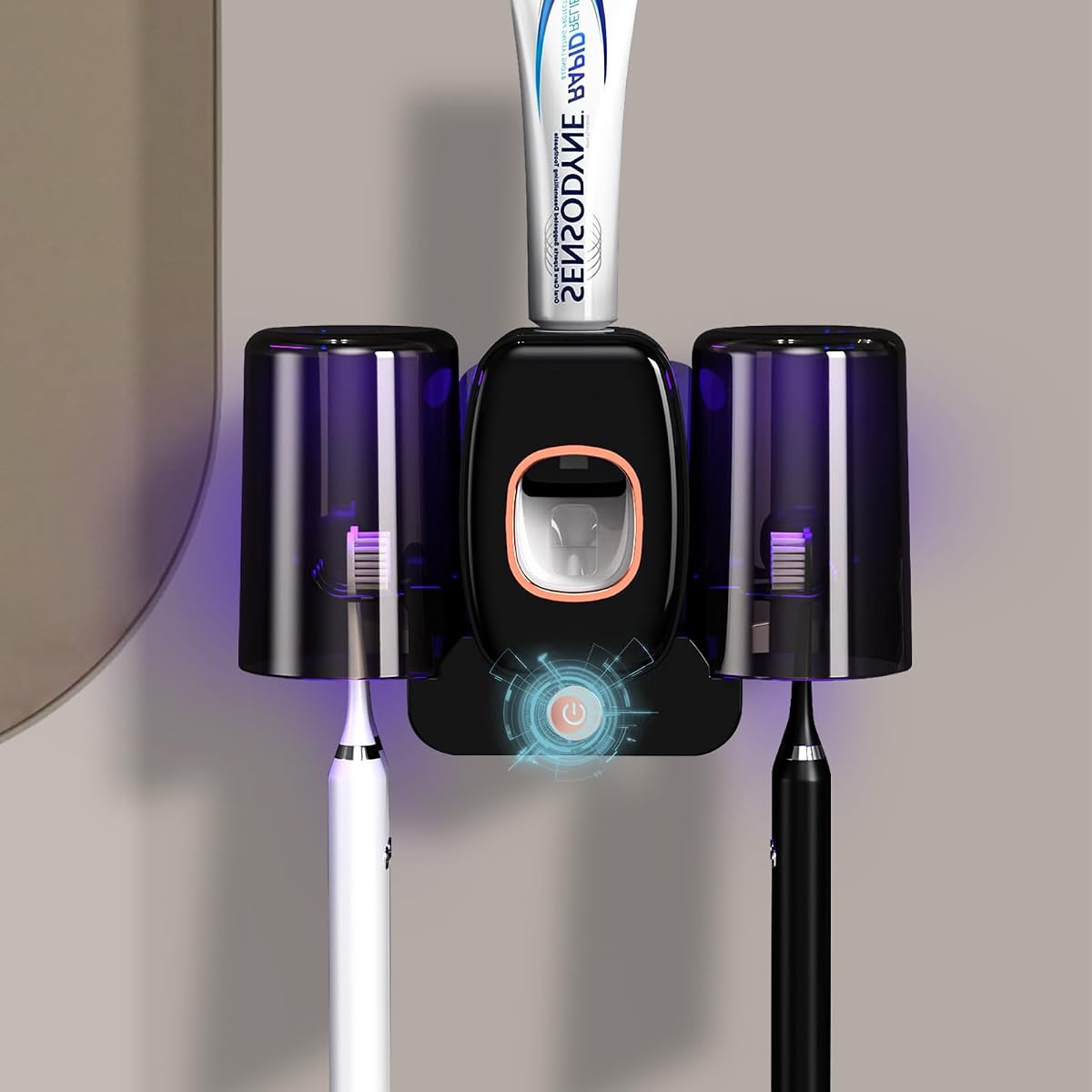 Soportes para cepillos de dientes para baños, soporte para cepillo de dientes inalámbrico recargable montado en la pared, soporte para cepillo de dientes eléctrico con 2 tazas, 4 ranuras para cepillos de dientes, dispensador de pasta de dientes (negro)
