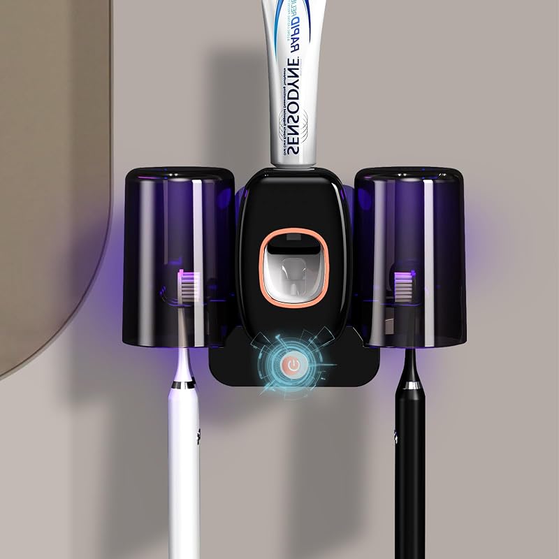 Soportes para cepillos de dientes para baños, soporte para cepillo de dientes inalámbrico recargable montado en la pared, soporte para cepillo de dientes eléctrico con 2 tazas, 4 ranuras para cepillos de dientes, dispensador de pasta de dientes (negro)