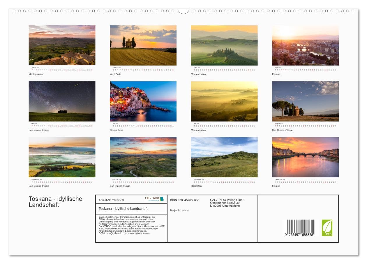 Toskana - idyllische Landschaft (hochwertiger Premium Wandkalender 2026 DIN A2 quer), Kunstdruck in Hochglanz: Entdecken Sie die wundervolle Landschaft der Toskana. (CALVENDO Orte)
